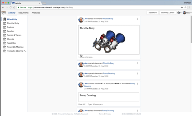 Screenshot of an example activity feed in Onshape Enterprise. (Image courtesy of Onshape.)