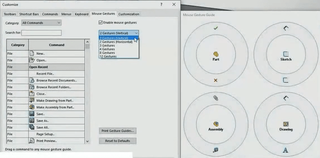 User experience has been enhanced, per SOLIDWORKS. You can now select up to 12 customizable mouse gestures.