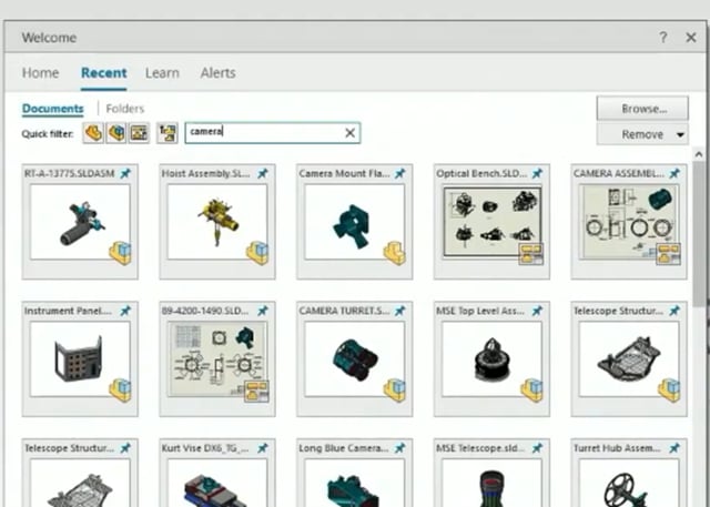 Recent documents can be filtered for text in the part name.