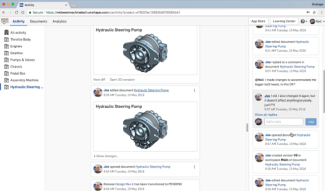Onshape Enterprise activity feed. (Image courtesy of Onshape.)