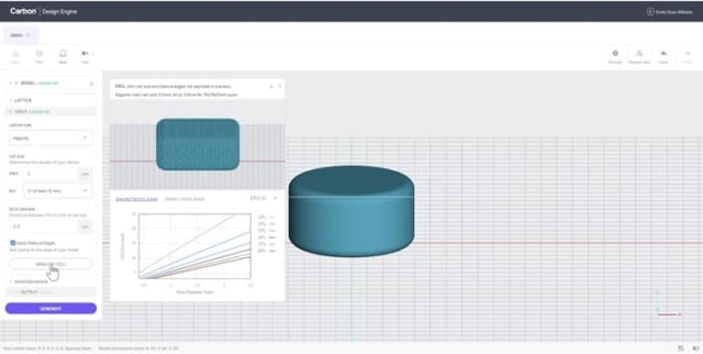 The Design Engine can predict lattice performance prior to generation. Here, for the design of a puck, the tool suggests lattice parameters to achieve a desired volume fraction to lower the part’s weight. (Image courtesy of Carbon.)
