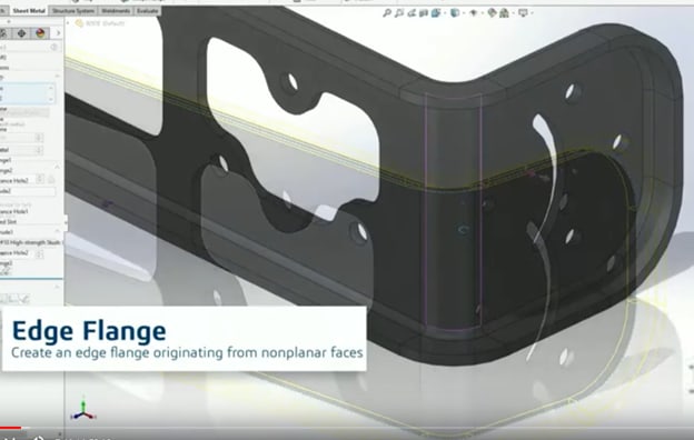 You can create an edge flange that originates from nonplanar faces. This flange that wraps around the edges of a part along 3 axes was created all at once.