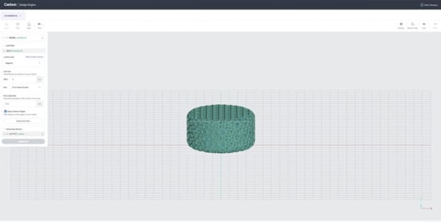 The Design Engine user interface displays a latticed CAD file for the puck, with a history of input parameters and operations in the sidebar. (Image courtesy of Carbon.)