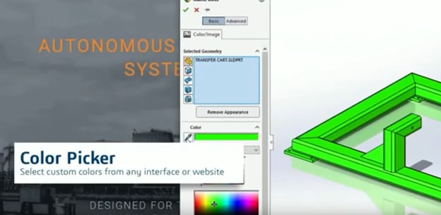You can select a color for your parts from anywhere on your screen, on any window, not just the palette available in the SOLIDWORKS window. Your eyedropper (color picker) is now free to move about your screens.