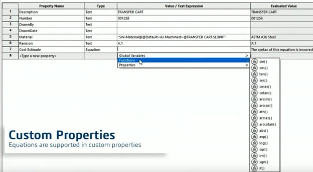 Equations are supported in custom properties.