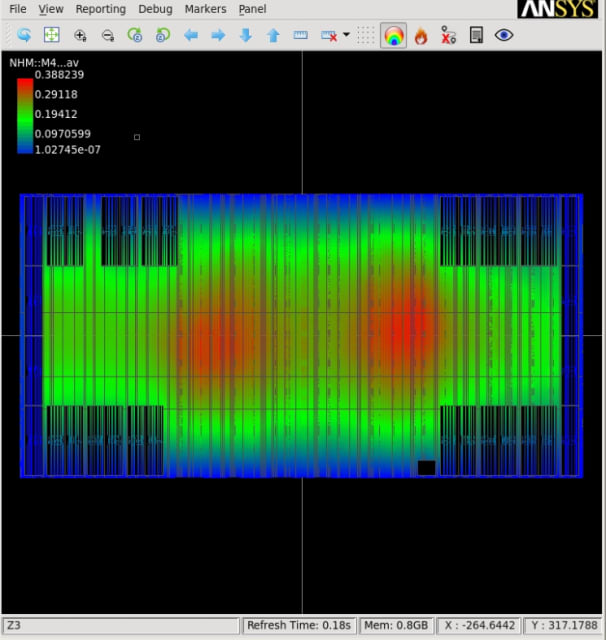 RedHawk-SC Voltage Drop Heat Map. (Image courtesy of ANSYS.)