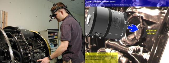 (Left) A mechanic wearing a tracked head-worn display performs a maintenance task on a Rolls Royce DART 510 Engine. (Right) A view through the head-worn display depicts information using augmented reality to assist the mechanic. (Image courtesy of Columbia University.)