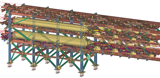SDS2 is used for steel connection design, Steel Shop drawings, BIM coordination and CNC files. (Image courtesy of CSG.)