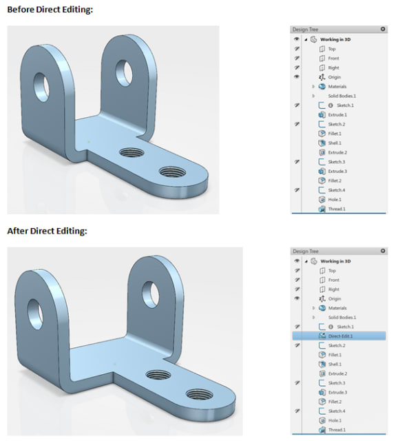 exemplu de editare directă în SOLIDWORKS. Rețineți că caracteristica 