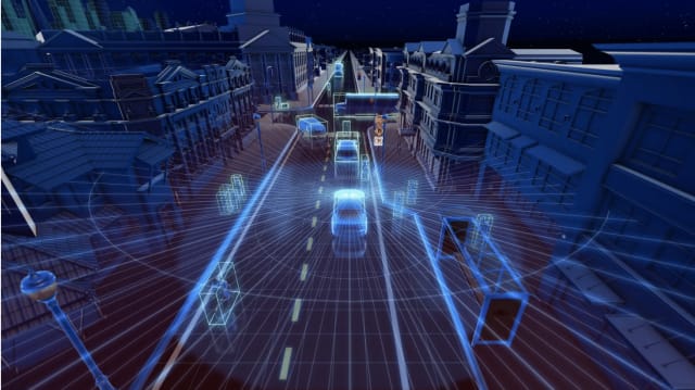 A visualization of a self-driving vehicle’s onboard LiDAR sensor detecting opposing traffic with laser pulses. (Source: Nvidia.)