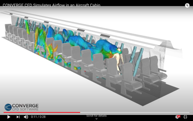 A CFD study by Converge CFD shows the plume behind a person walking down an aisle and exhaling. The forced air ventilation pushes it downward but shows it coming up and into the space of the aisle seat passenger on the right of the moving person. (Picture from Converge video https://youtu.be/7sQAkwUVORQ)