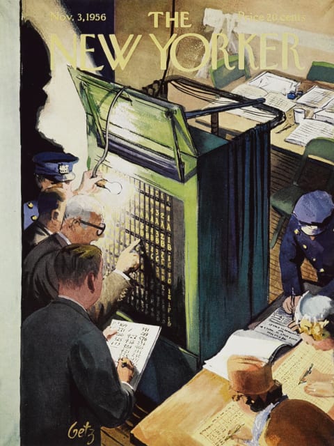 Election officials read the counters on the back of a gear-and-lever voting machine. (Image credit of The New Yorker.)