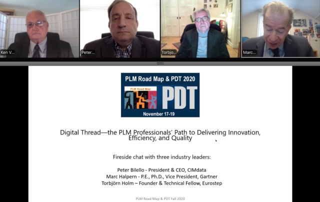 A roundtable featuring Peter Bilello, president and CEO of CIMdata; Marc Halpern, VP and analyst with Gartner; and Torbjörn Holm, founder and technical fellow with Eurostep. (Image credit: CIMdata’s PLM Roadmap and PDT 2020.)
