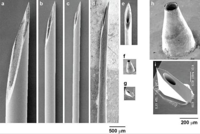 Size comparison among hypodermic needles and microneedles. Scanning electron micrographs of (a) 21-gauge, (b) 27-gauge and (c) 31-gauge hypodermic needles (BD Technologies), and (d) tapered 33-gauge Terumo NanoPass hypodermic needle (image courtesy of Kyuzi Kamoi). Scanning electron micrographs of microneedles at the same magnification as hypodermic needles: (e) stainless steel microneedle with a total length of 1.5 mm (image courtesy of John Mikszta, BD Technologies), (f) nickel microneedle with a length of 500 μm, and (g) silicon microneedle with a length of 450 μm (image courtesy of NanoPass Technologies). Higher magnification scanning electron micrographs of (h) nickel microneedle and (i) silicon microneedle for the needles shown in f and g, respectively. (Note: NanoPass by Terumo and NanoPass Technologies are unrelated.) (Caption from Does Needle Size Matter?, Journal of Diabetes Science and Technology.)