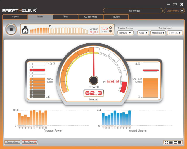 POWERbreathe K5’s BreatheLink software provides a visual breakdown of the boxer’s breathing stats. (Image courtesy of Powerbreathe.)