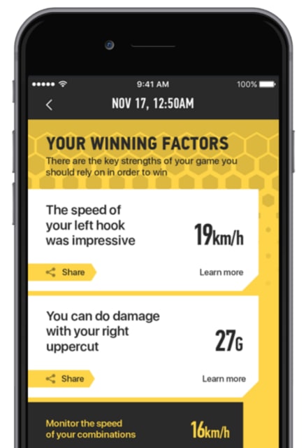 PIQ Robot not only provides fighters with a breakdown of all their punch stats and bio data but also lets them know where they excelled. (Image courtesy of PIQ.)