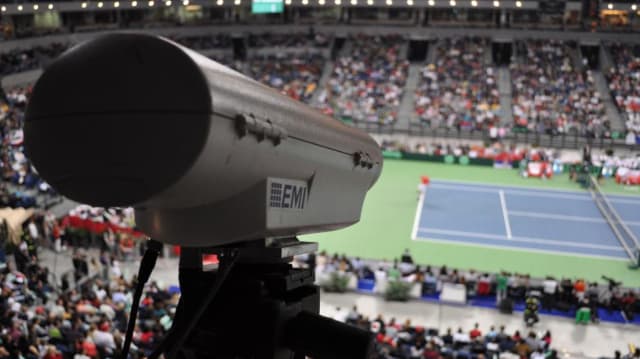 A high performance camera, part of the Hawk-Eye computer vision system, employed in a tennis game. (Image courtesy of Hawk-Eye.)