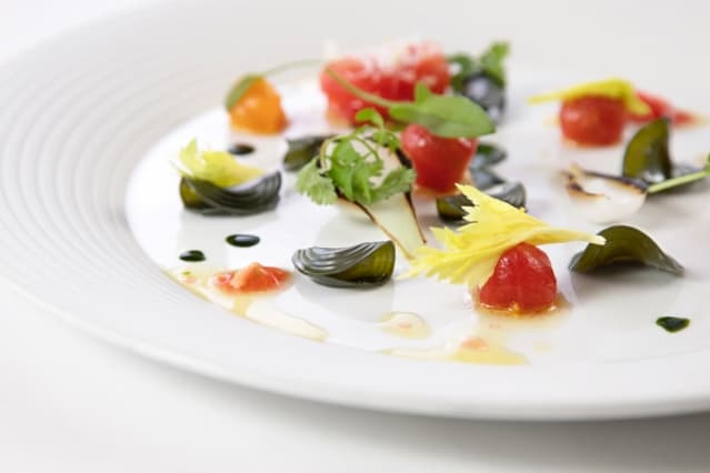 Phytoplankton pasta salad with heirloom tomatoes and wild sorrel, by Matthew Delisle. (Image courtesy of Michael Indresano Production.)