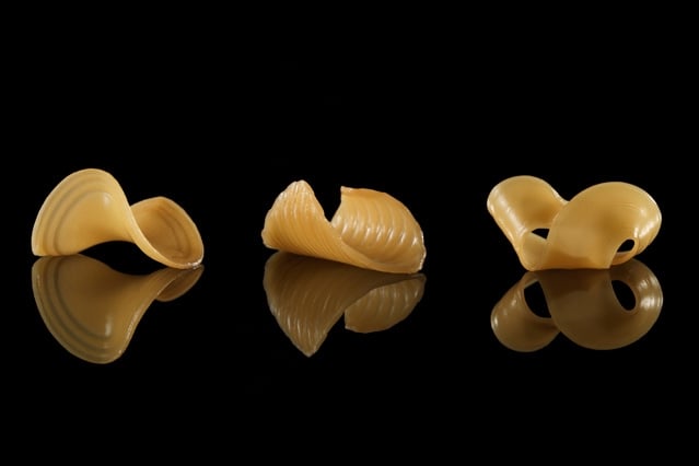 These pasta shapes were caused by immersing a 2-D flat film into water. (Image courtesy of Michael Indresano Production.)