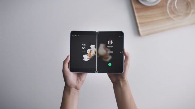 The Surface Duo smartphone has two screens and runs on Google's Android OS. (Image courtesy of Microsoft).