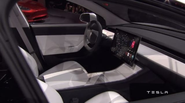 The interior of the Tesla Model 3, revealed at the Model 3 Unveil Event, March 31, 2016.