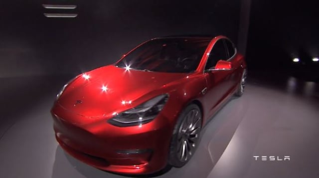 The Tesla Model 3, revealed at the Model 3 Unveil Event, March 31, 2016.