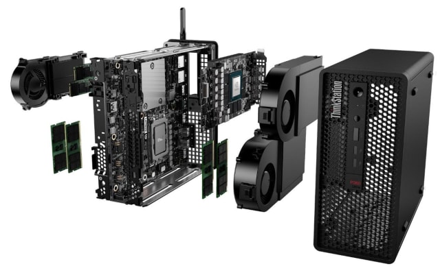 The double-sided motherboard of the ThinkStation P360 Ultra slides out from the chassis for easy access. (Source: Lenovo.)