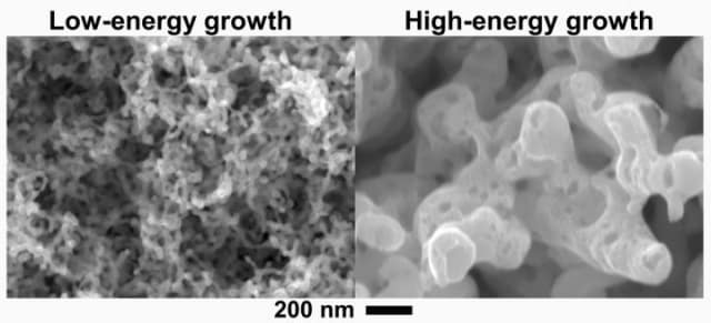 A study led by Oak Ridge National Laboratory subjected tungsten to low energies, akin to normal operations of a fusion reactor (left), and high energies emulating plasma disruptions (right). The study provides new knowledge needed to design robust fusion materials. (Image courtesy of Oak Ridge National Laboratory/DOE.)