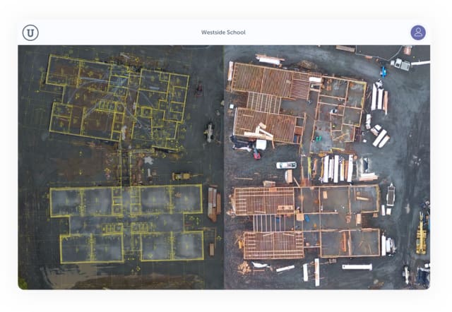 Construction progress tracking in OnePlace aligns build plans with aerial images. (Image courtesy of Unearth.)