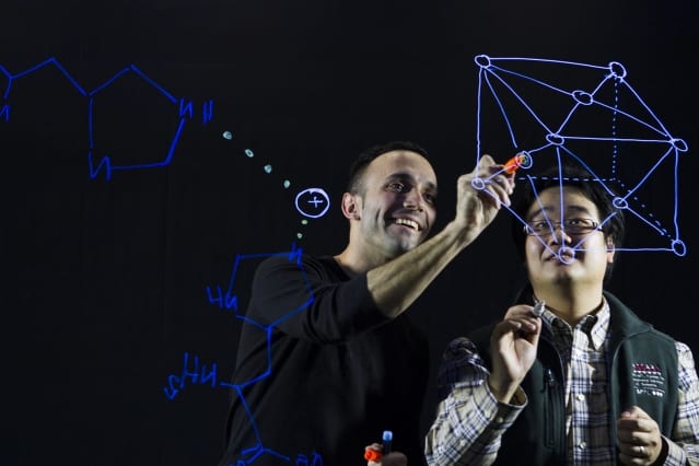 Department of Civil and Environmental Engineering research scientists Francisco Martin-Martinez and Zhao Qin sketch the molecular background of their research on Nereis virens, a marine worm with a remarkably strong and adaptable jaw. (Image courtesy of Allison Dougherty.)