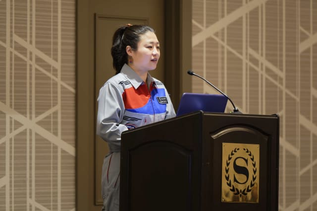 Soyeon Yi, a South Korean astronaut and biotechnologist who became the first Korean to fly in space, speaks at AJAS’ 2020 opening night. (Image courtesy of Michael J. Colella / National Association of the Academies of Science.)