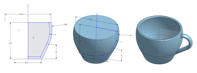 design paramétrico começa com um esboço (esquerda) e adiciona recursos (como revolve, meio) para construir o projeto final (direita).