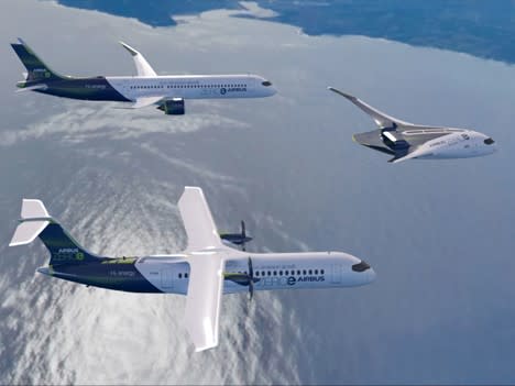 Not the first airshow. Concept aircraft promote hydrogen use in a 2020 photograph. (Picture courtesy of Airbus.)