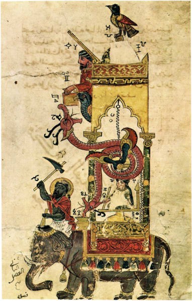 Sketch of the elephant clock from al-Jazari’s manuscript for The Book of Knowledge of Ingenious Mechanical Devices (1206 CE.)