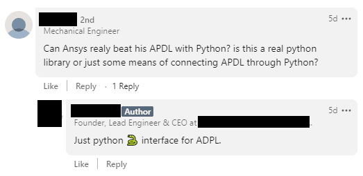 Engineers comment on the features of PyAnsys. (Image taken from LinkedIn on 10/21/2021).
