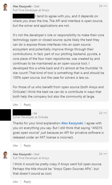 Engineers continue to debate the open-source nature of PyAnsys. (Image taken from LinkedIn on 10/21/2021).
