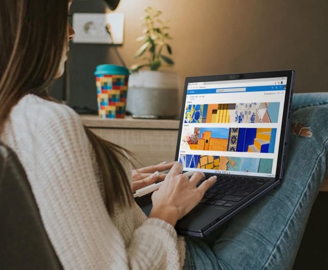 The ASUS Zenbook 17 Fold OLED in laptop mode with the Bluetooth keyboard. (Source: ASUS.)