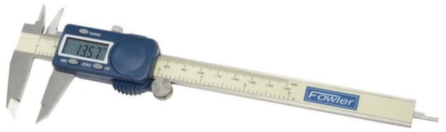 Figure 1. This digital caliper made by Fowler has a small number of components for such a useful device. There are the outside jaws for measuring the external width or diameter of an object. The small jaws opposite are used to measure the internal diameter of an object. There is also a depth probe or rod to measure the depth of a hole or the concave geometry of an object. The Vernier or Imperial scale gives measurements to within one thousandth of an inch. The retainer is used to block a moveable part when measuring a specific geometric area or subcomponent. (Image courtesy of Fowler.)