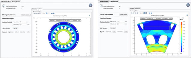 COMSOL SOLUTION AUTOMATES DESIGN WORK. Through the load analysis of rotor laminations with simulation applications, engineers at VW Kassel can save time and money during the electrical drive development process. The applications also help increase product quality by helping simulation experts and non-experts automate the long model design process and standardize models and results, reducing the time it takes to get from model to concept vehicle to commercially available EV. The image shows screenshots with standard load results of the rotor simulated in COMSOL's software.