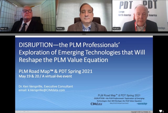 Ken Versprille, executive consultant with CIMdata (left), Peter Bilello, president and CEO with CIMdata (center), and Hakan Karden, director of marketing, Eurostep (right), kicked off the CIMdata PLM Roadmap and PDT conference, which focused on “Disruption—the PLM Professionals’ Exploration of Emerging Technologies that Will Reshape the PLM Value Equation.” (Image credit: CIMdata.)