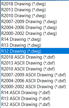 Available DWG and DXF version types within DraftSight.