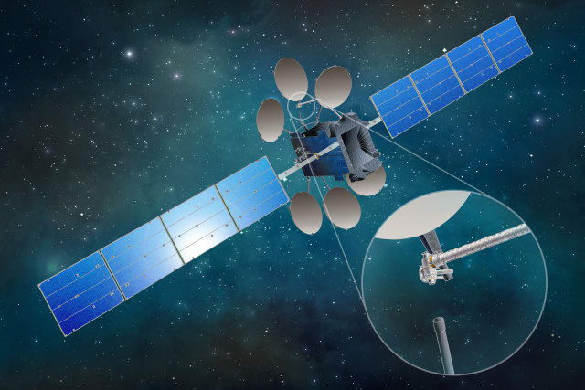 Artist rending of the Dragonfly technology, enabling a satellite self-assembly in orbit, a process which could maximize available payload space aboard launch vehicles and decrease launch costs (Image courtesy NASA/Space Systems Loral).