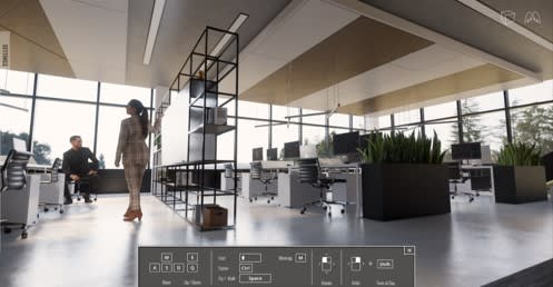 Screenshot of Enscape showing the keyboard and mouse navigation controls. Users can also navigate with a gamepad, 3D SpaceMouse, or VR headset.