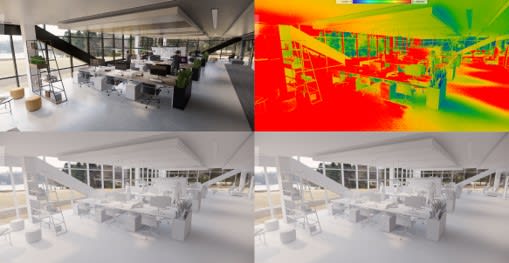 Rendering styles in Enscape: default (top left), light mode (top right), white mode (bottom left) and polystyrol (bottom right). No, I can’t tell the difference between white mode and polystyrol, either. (Image courtesy of Enscape.)