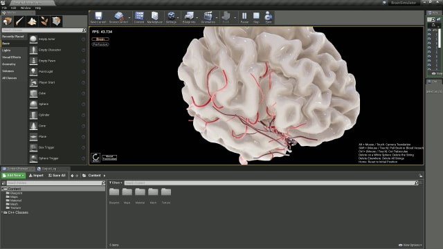 Building the brain surgery simulation application in Unreal Engine. (Image courtesy of Igarashi Lab, The University of Tokyo.)