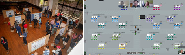 Left, the in-person 2019 poster session at MIT. Right, the virtual MERE poster presentation session hosted on Gather.town. (Images courtesy of MIT.)