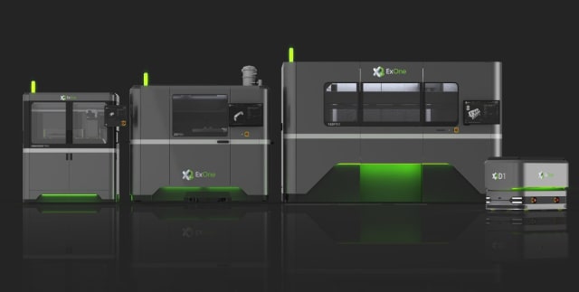 The new InnoventPro (left) alongside the X1 25Pro (middle) and X1 160Pro (right) metal binder jetting 3D printers. The new X1D1 automated guided vehicle is shown next to the X1 160Pro. (Image courtesy of ExOne.)