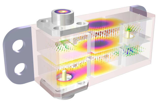 A multiphysics model of a cascaded cavity filter that is operating in the 5G millimeter wave band. The simulation includes temperature changes and thermal stress. (Image courtesy of COMSOL.)