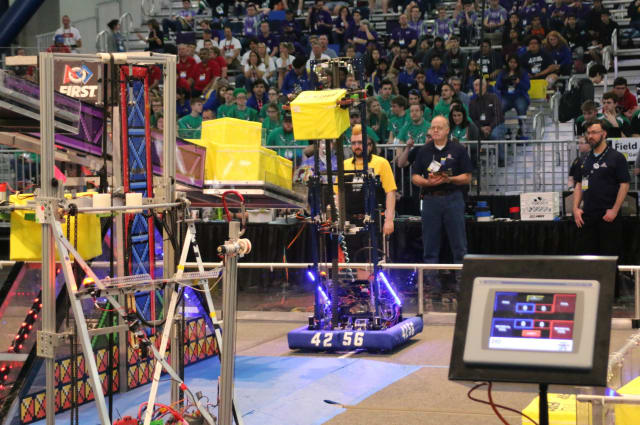 The Cyborg Cats’ robot competing in the 2018 FIRST Robotics Competition. (Image courtesy of Cyborg Cats.)