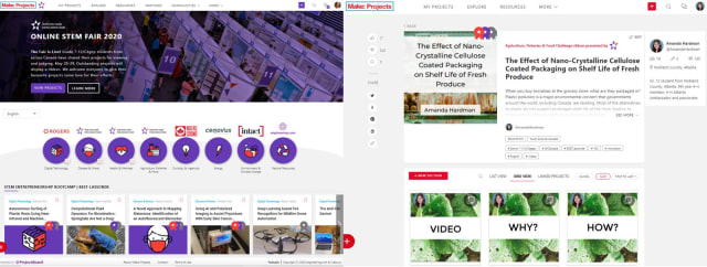 YSC hosts over 600 STEM fair projects from students across Canada using Make: Projects. Image on the left shows the Exhibit Hall, featuring all student projects. Image on the right showcases an award-winning student project.